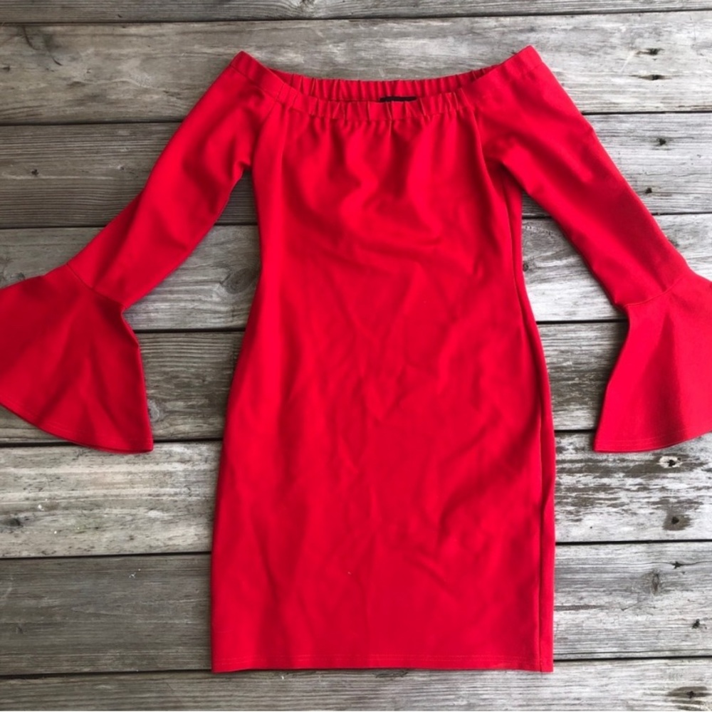 SUGAR+LIPS Red Off-Shoulder Dress with Bell Sleeves